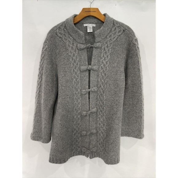 Jillian Jones Cardigan Sweater Gray Lambs Wool Angora Cable Knit Collar Size XL - Picture 1 of 13